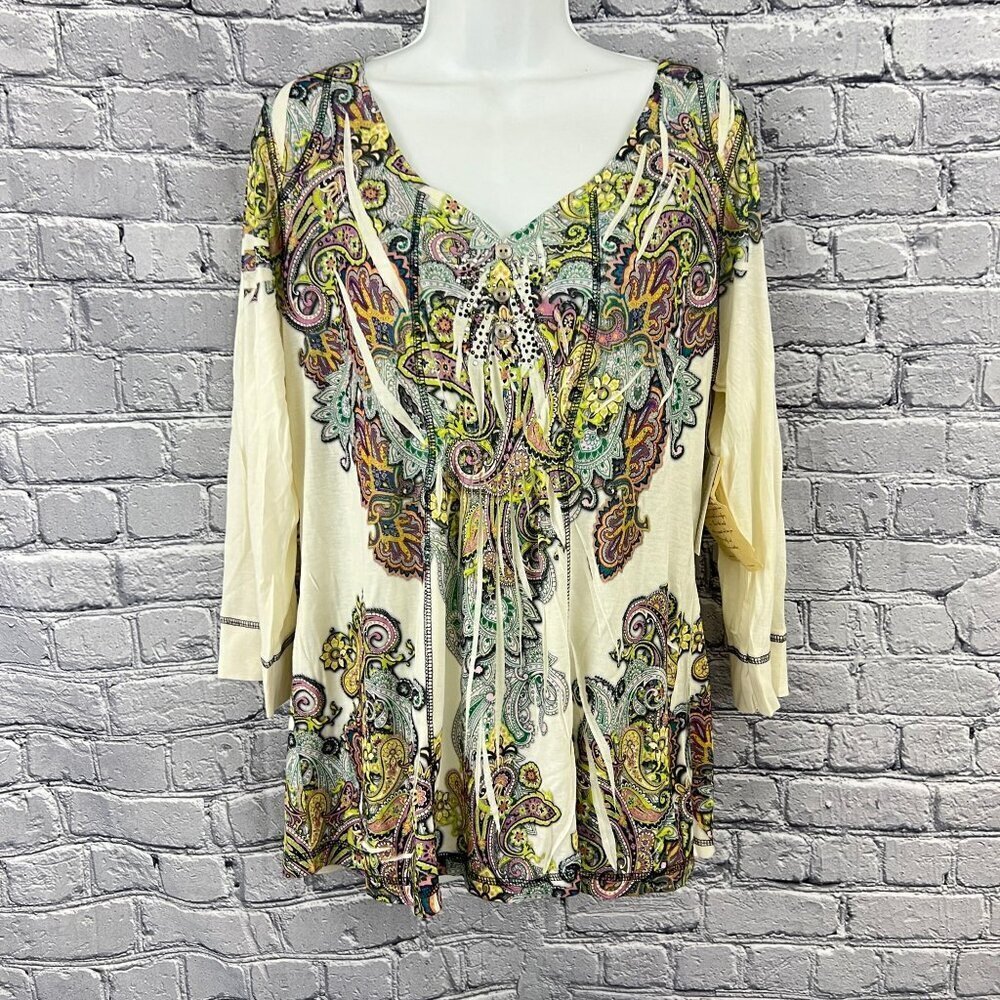 One World‎ Womens PXL Boho Paisley  Top 3/4 Sleeve Multicolor Polyester
